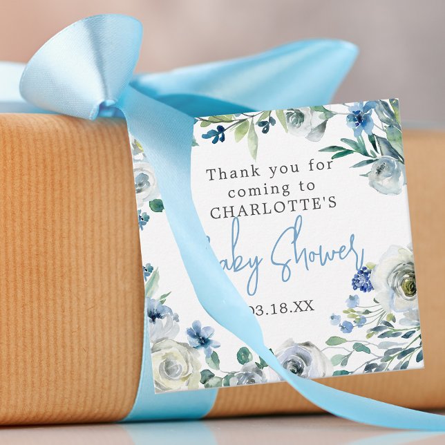 Elegant Blue White Floral Boy Baby Dusche Geschenkanhänger (Von Creator hochgeladen)