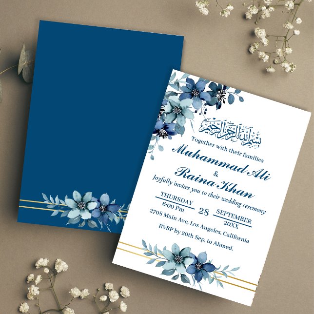 Elegant Blue White Floral Islamische Hochzeit Einladung (Von Creator hochgeladen)