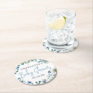 Elegant Blue White Floral Spring Boy Baby Dusche Runder Pappuntersetzer