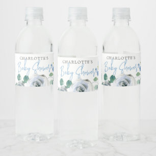 Elegant Blue White Floral Spring Boy Baby Dusche Wasserflaschenetikett