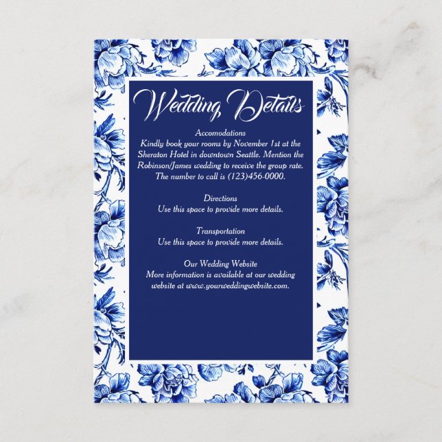 Elegant Blue White Floral Toile Hochzeit Begleitkarte (Vorderseite)