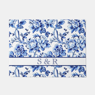Elegant Blue White Floral Toile Hochzeit Fußmatte