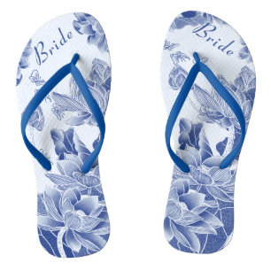 Elegant Blue White Floral Wedding Bride Flip Flops