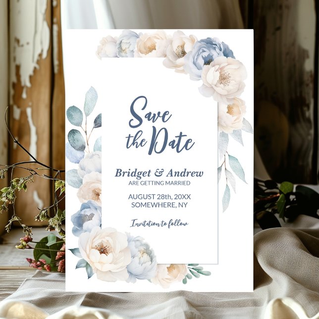 Elegant Blue White Floral Wedding Save The Date (Von Creator hochgeladen)