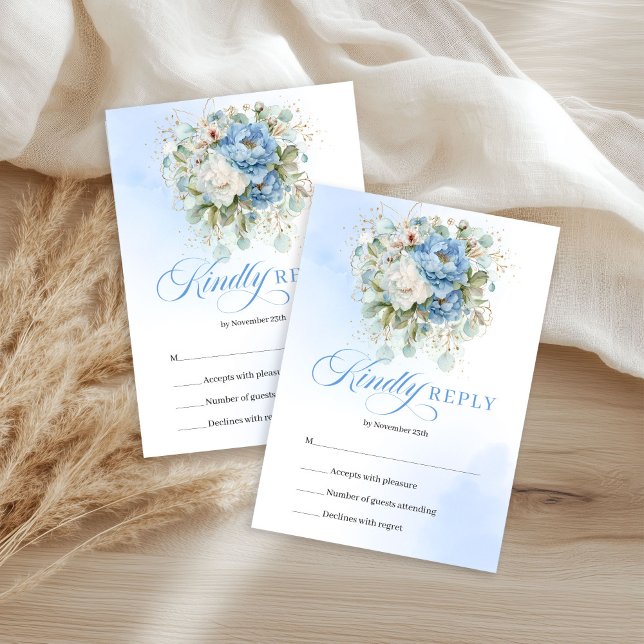 Elegant Blue White Gold Peony Floral Wedding RSVP  (Elegant Pastel Blue Peony Gold Wedding RSVP Card)