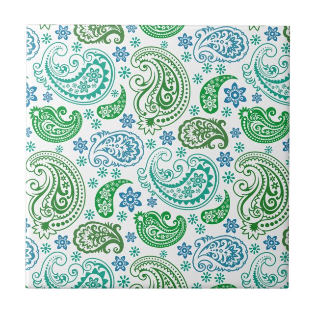 Elegant Blue White & Green Vintag Paisley Fliese (Vorderseite)