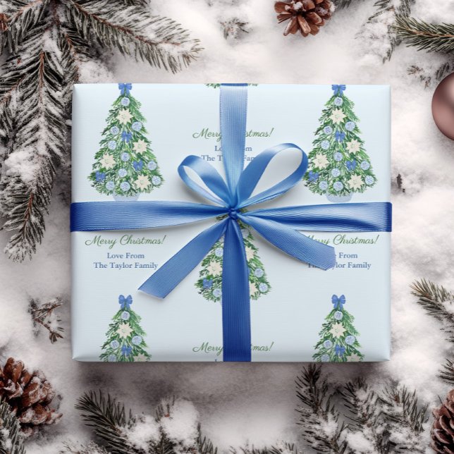 Elegant Blue & White Holidays Baum Frohe Weihnacht Geschenkpapier (Elegant wrapping paper with Christmas tree ornately decorated in blue & white chinoiserie poinsettia)