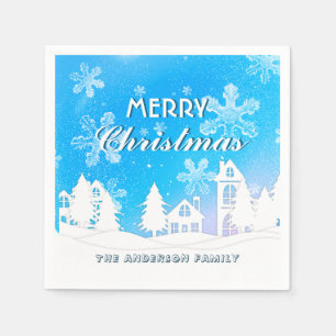 Elegant Blue White House Snowflakes Merry Xmas Serviette