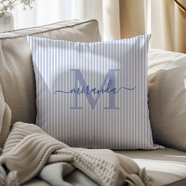 Elegant Blue & White Stripes Monogram Name Kissen