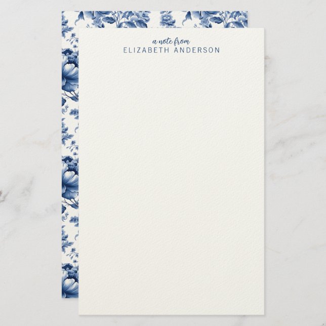 Elegant Blue White Vintage Rose Floral Briefpapier (Vorne/Hinten)