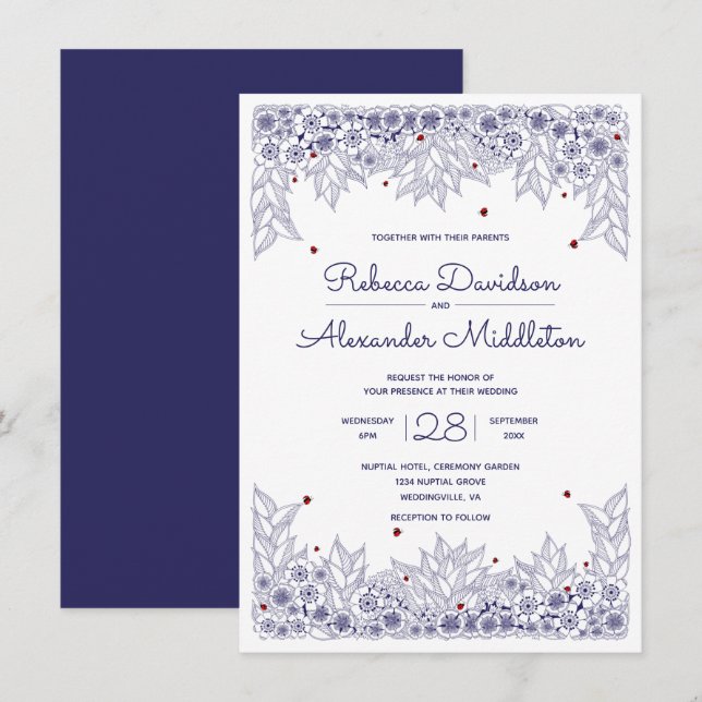 Elegant Blue White Wedding Einladung (Vorne/Hinten)