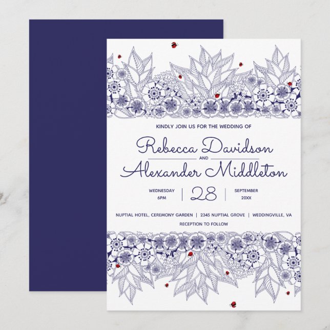 Elegant Blue White Wedding Einladung (Vorne/Hinten)