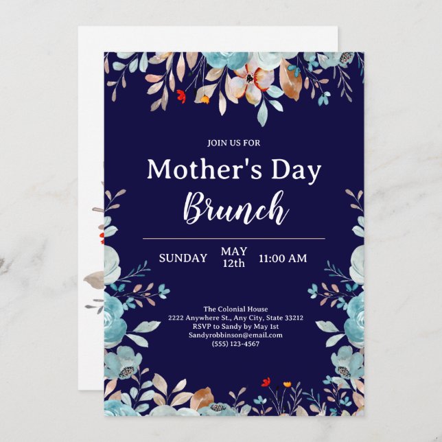 Elegant Blue Wildblumen Blue Mother Day Brunch Einladung (Vorne/Hinten)