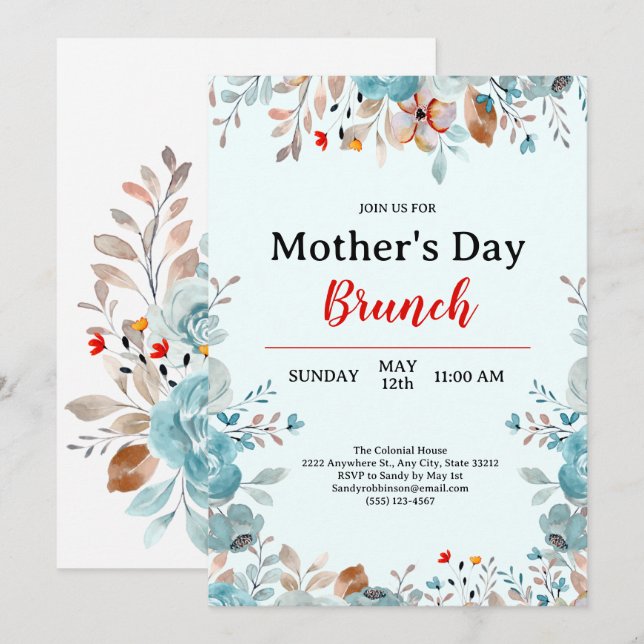 Elegant Blue Wildblumen Mint Mother's Day Brunch Einladung (Vorne/Hinten)