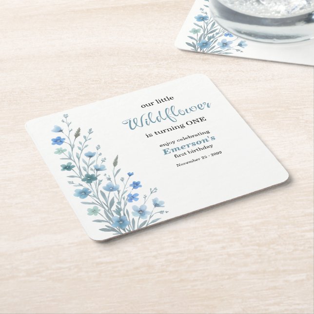Elegant Blue Wildflower 1st Birthday Party Rechteckiger Pappuntersetzer (angewinkelt)