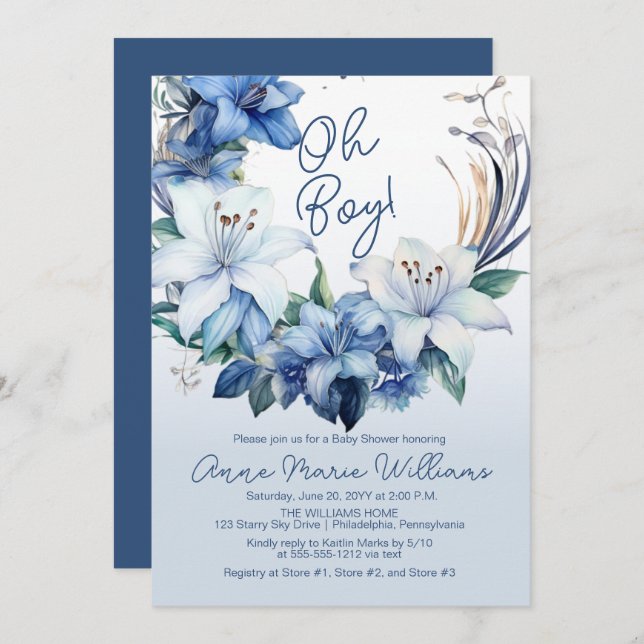 Elegant Blue Winter Floral Boy Baby Shower Einladung (Vorne/Hinten)
