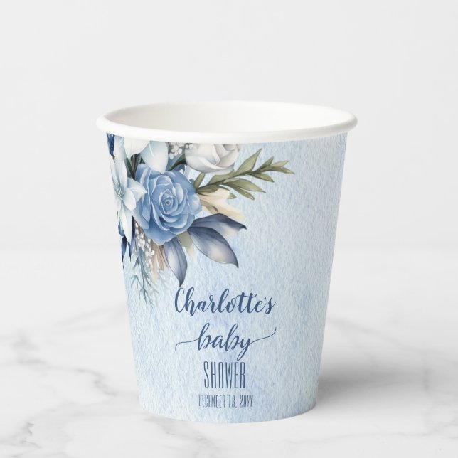 Elegant Blue Winter Floral Boy Baby Shower Pappbecher (Vorderseite)