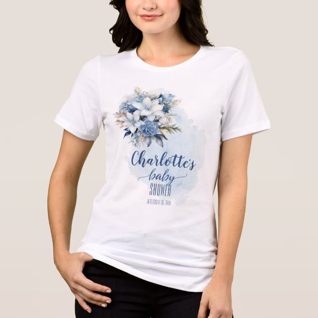 Elegant Blue Winter Floral Boy Baby Shower Tri-Blend Shirt (Vorderseite)