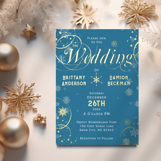 Elegant Blue Winter Wonderland Wedding Gold Folieneinladung (Von Creator hochgeladen)