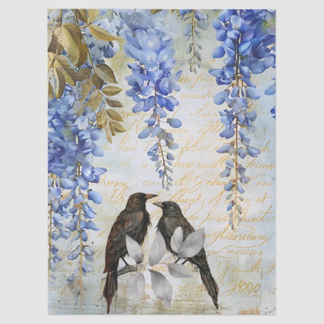 Elegant Blue Wisteria & Ravens Decoupage Paper Seidenpapier (Vorderseite)