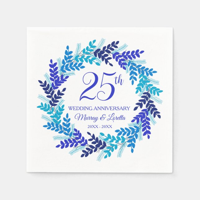 Elegant Blue Wreath 25-jähriges Party Napkins Serviette (Vorderseite)