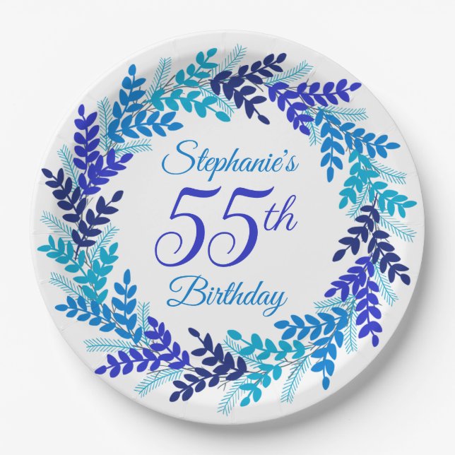 Elegant Blue Wreath 55. Geburtstag Pappteller (Vorderseite)