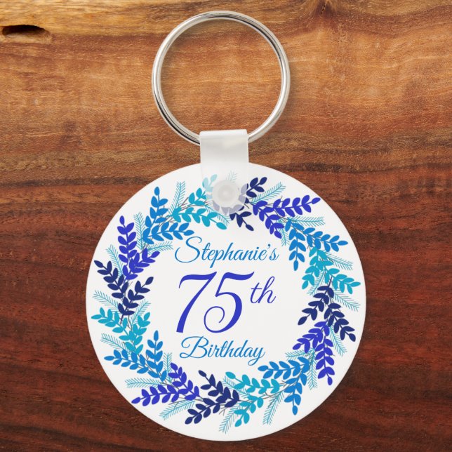 Elegant Blue Wreath 75. Geburtstag Schlüsselanhänger (Vorderseite)