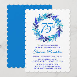 Elegant Blue Wreath 75. Geburtstagsparty Einladung