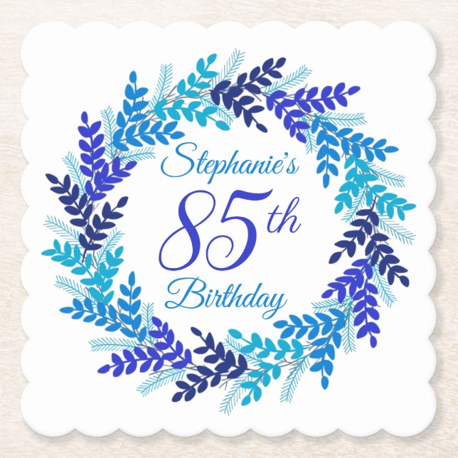 Elegant Blue Wreath 85. Geburtstag Untersetzer (Vorderseite)