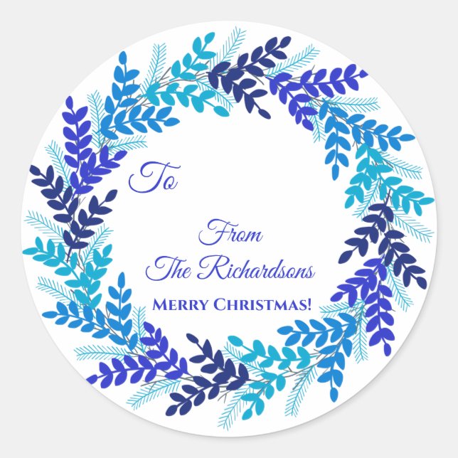 Elegant Blue Wreath Name Weihnachtsgeschenk Sticke Runder Aufkleber (Vorderseite)