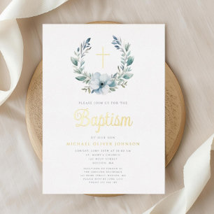 Elegant Blue Wreath Religious Cross Boy Baptism Folieneinladung