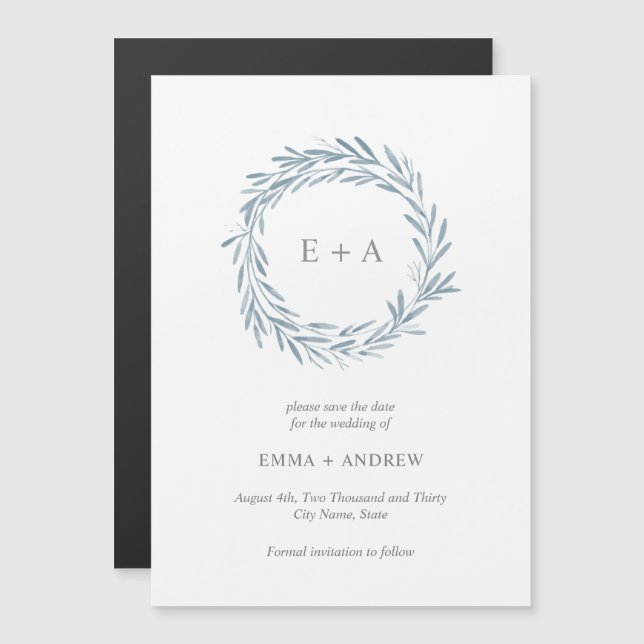 Elegant Blue Wreath Save the Date Magneteinladung (Vorne/Hinten)