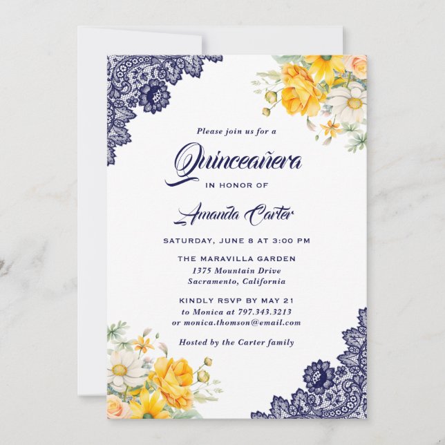 Elegant Blue Yellow White Floral Quinceañera Einladung (Vorderseite)