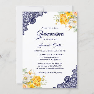 Elegant Blue Yellow White Floral Quinceañera Einladung