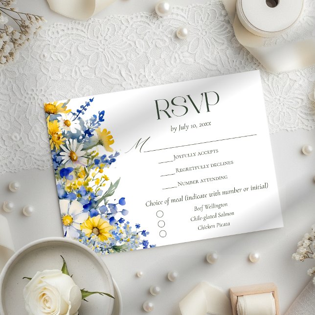 Elegant Blue Yellow Wildflower Wedding Meal Choice RSVP Karte (Von Creator hochgeladen)