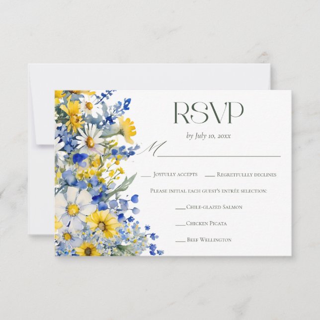Elegant Blue Yellow Wildflower Wedding Meal Choice RSVP Karte (Vorderseite)
