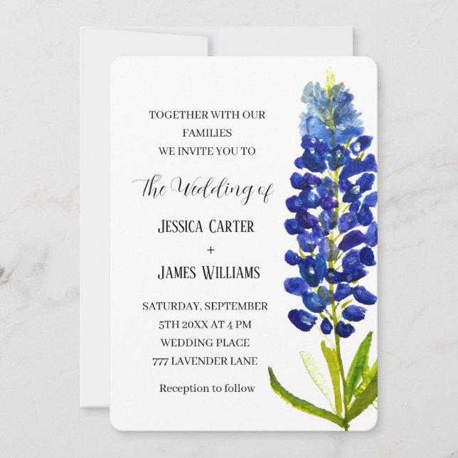 Elegant Bluebonnet Texas Watercolor Floral Wedding Einladung (Vorderseite)