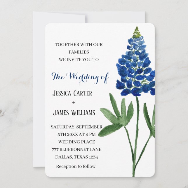 Elegant Bluebonnet Texas Watercolor Floral Wedding Einladung (Vorderseite)