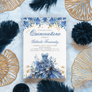 Elegant Blues Blue Gold Dress Quinceanera Einladung