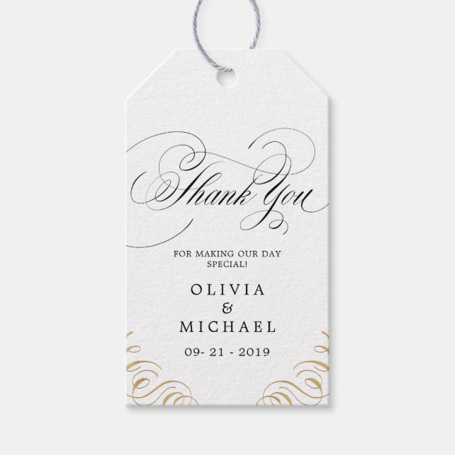 Elegant blüh Kalligrafie Hochzeit danke Geschenkanhänger (Vorderseite)