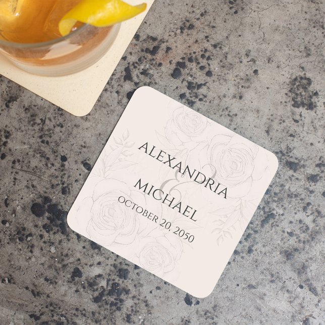 Elegant Blush Bloral Calligraphy Script Ampersand Rechteckiger Pappuntersetzer (Elegant blush floral wedding paper coaster. With calligraphy ampersand)
