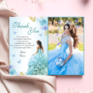 Elegant Blush Blue Floral Quinceñera Geburtstag Dankeskarte
