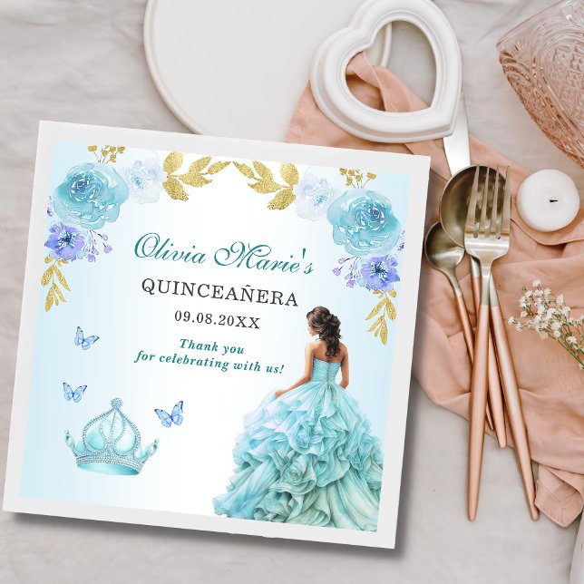 Elegant Blush Blue Floral Quinceñera Geburtstag Serviette (Von Creator hochgeladen)