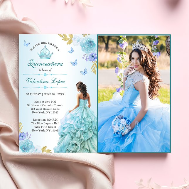 Elegant Blush Blues Quinceñera Einladung (Von Creator hochgeladen)