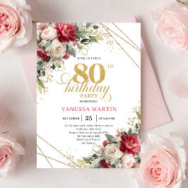 Elegant Blush Burgundy Floral 80th Birthday Invite Einladung