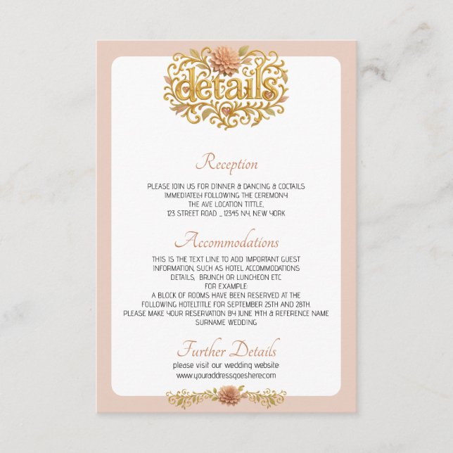 Elegant Blush Dahlias Golden Script Wedding Begleitkarte (Vorderseite)
