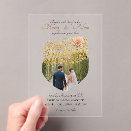 Elegant Blush Dahlias Golden Script Wedding Photo Acryleinladungen
