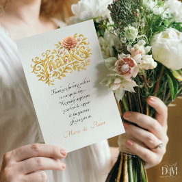 Elegant Blush Dahlias Golden Script Wedding Photo Dankeskarte