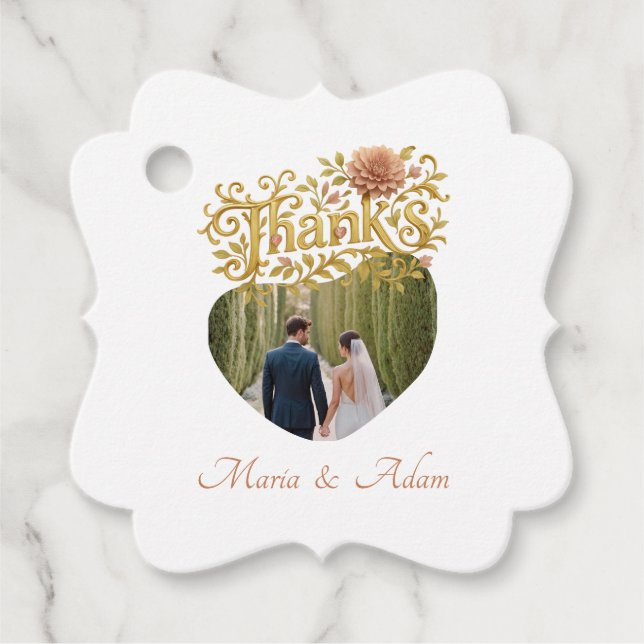 Elegant Blush Dahlias Golden Script Wedding Photo Geschenkanhänger (Vorderseite)