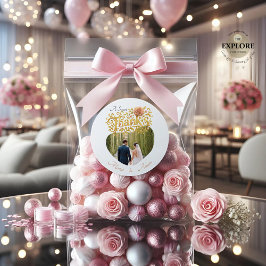 Elegant Blush Dahlias Golden Script Wedding Photo Runder Aufkleber